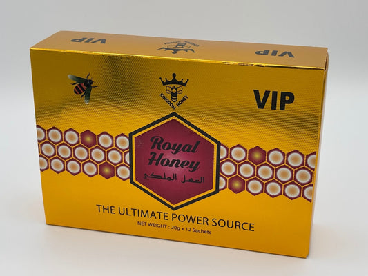Gold box of Royal Honey with bee and honeycomb design on a white background