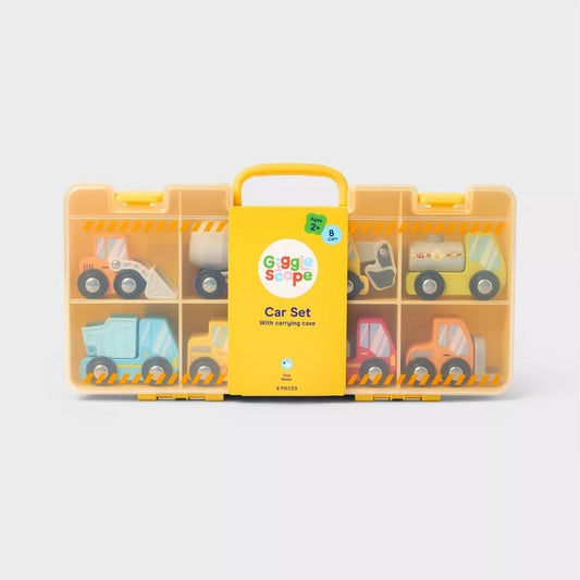 Giggle Scape Construction Car Set – 9-Piece Set with 8 Mini Vehicles & Yellow Carrying Case – Durable Wooden Construction Trucks for Kids – Cement Mixer, Dump Truck, Bulldozer – Ages 2+