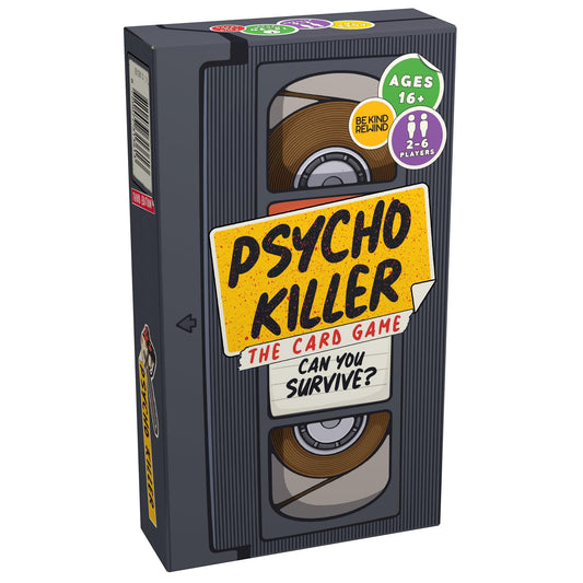 VHS tape-themed card game box labeled 'Psycho Killer' on a white background