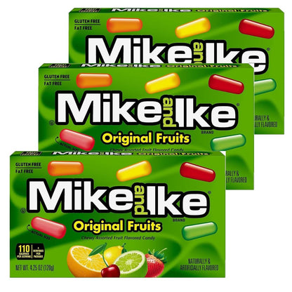 Mike and Ike Chewy Candy 3 Pack (4.25 oz Theater Boxes) – Sour/Bold Fruit Flavor, Gluten-Free, Fat-Free – Bulk Candy for Movie Nights, Gifts & Vending