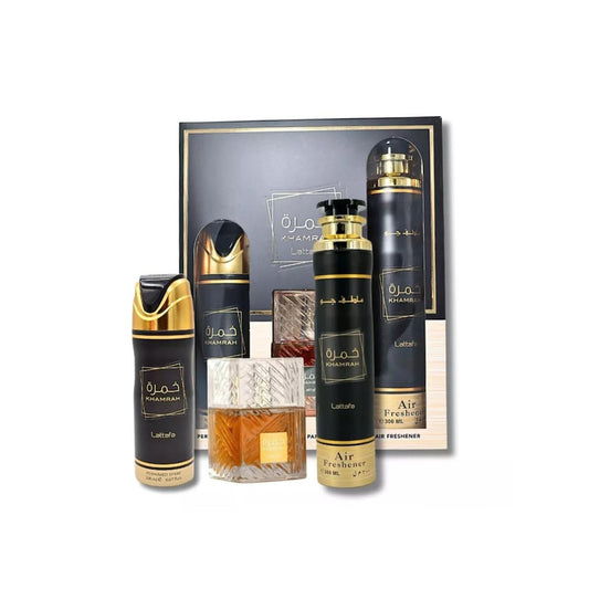 Lattafa Khamrah Unisex 3 Piece Gift Set (3.4 Fl Oz EDP + 6.67 Fl Oz Deo + 10.14 Fl Oz Air Freshener)