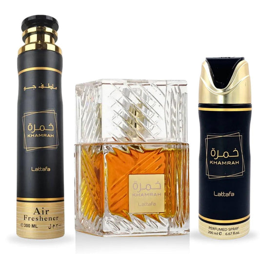 Lattafa Khamrah Unisex 3 Piece Gift Set (3.4 Fl Oz EDP + 6.67 Fl Oz Deo + 10.14 Fl Oz Air Freshener)