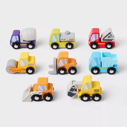 Giggle Scape Construction Car Set – 9-Piece Set with 8 Mini Vehicles & Yellow Carrying Case – Durable Wooden Construction Trucks for Kids – Cement Mixer, Dump Truck, Bulldozer – Ages 2+