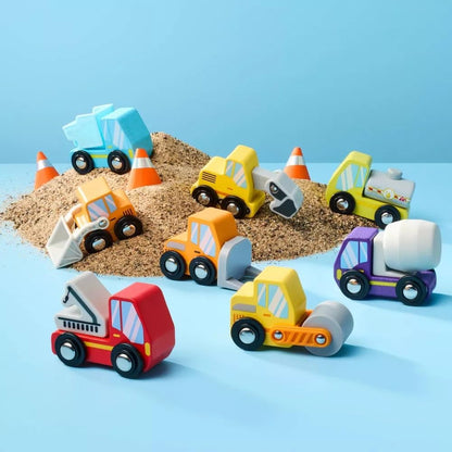 Giggle Scape Construction Car Set – 9-Piece Set with 8 Mini Vehicles & Yellow Carrying Case – Durable Wooden Construction Trucks for Kids – Cement Mixer, Dump Truck, Bulldozer – Ages 2+