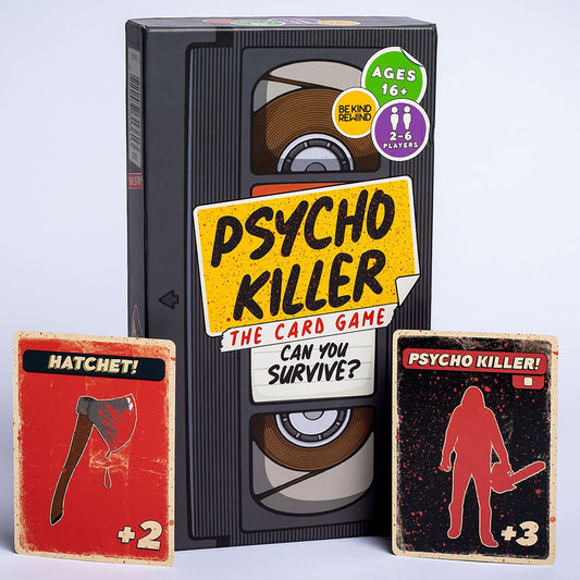 VHS tape-themed card game packaging with cards displayed in front