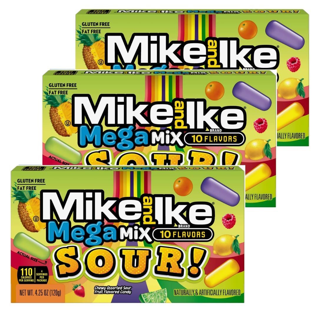 Mike and Ike Chewy Candy 3 Pack (4.25 oz Theater Boxes) – Sour/Bold Fruit Flavor, Gluten-Free, Fat-Free – Bulk Candy for Movie Nights, Gifts & Vending